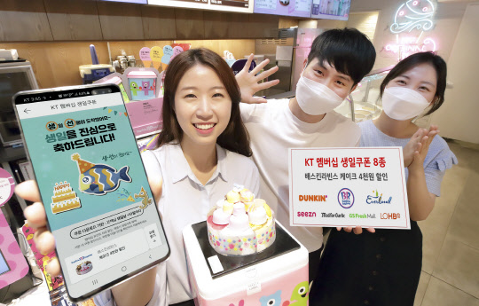 KT 모델들이 8월 생일쿠폰으로 제공되는 배스킨라빈스 케이크 4000원 할인 혜택을 소개하고 있다.    KT 제공